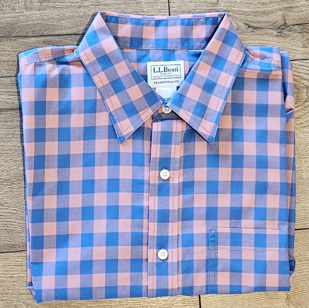 NWOT's - L.L. BEAN - Mens Blue/Pink Check/Plaid Short Sleeve Shirt - Size L